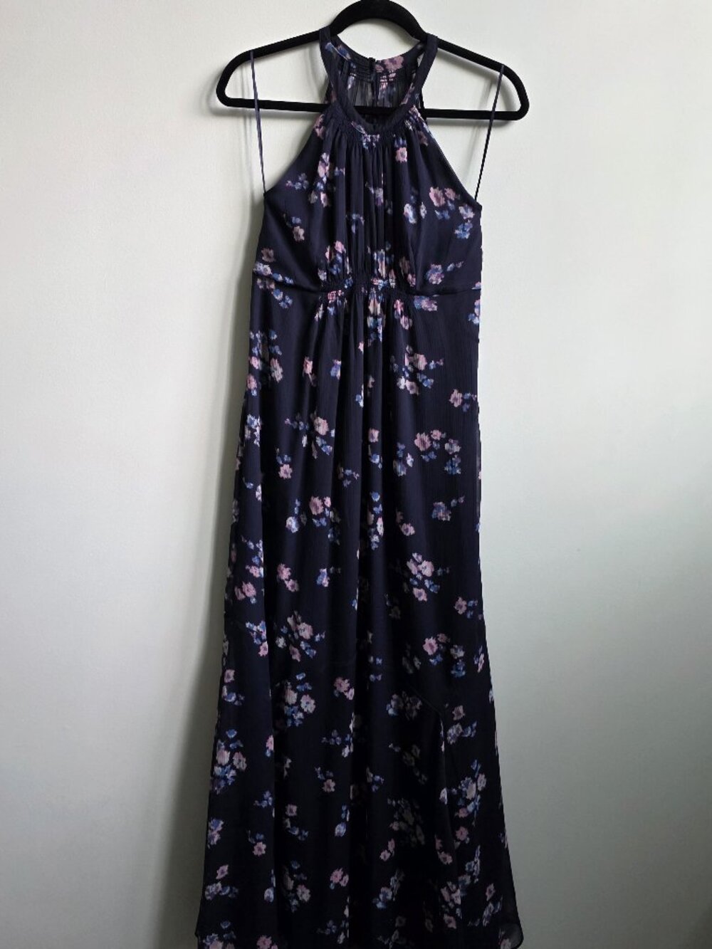 A Pea in the Pod Navy Blue Floral Chiffon Halter Maxi Maternity Dress, Size XS